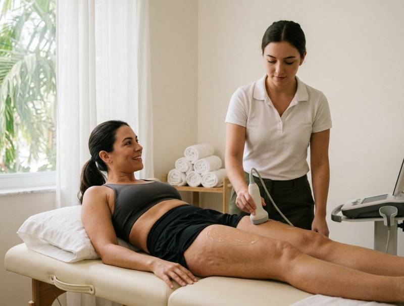Technician performing an ultrasonic cavitation body contouring session on a client in a Miami studio