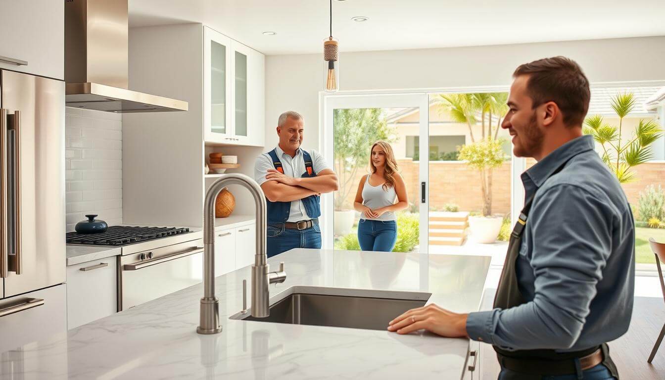 A modern kitchen with sleek appliances and a marble countertop, the centerpiece of a beautifully renovated home. In the foreground, a skilled plumber inspects the newly installed pipes, ensuring efficient water flow. The middle ground showcases the impact of the plumbing upgrade, with a proud homeowner admiring the increased property value. The background features a vibrant, sun-drenched exterior, highlighting the home's curb appeal and the positive impact of the plumbing renovation. The scene is captured w