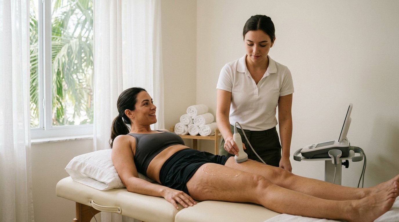 Technician performing an ultrasonic cavitation body contouring session on a client in a Miami studio