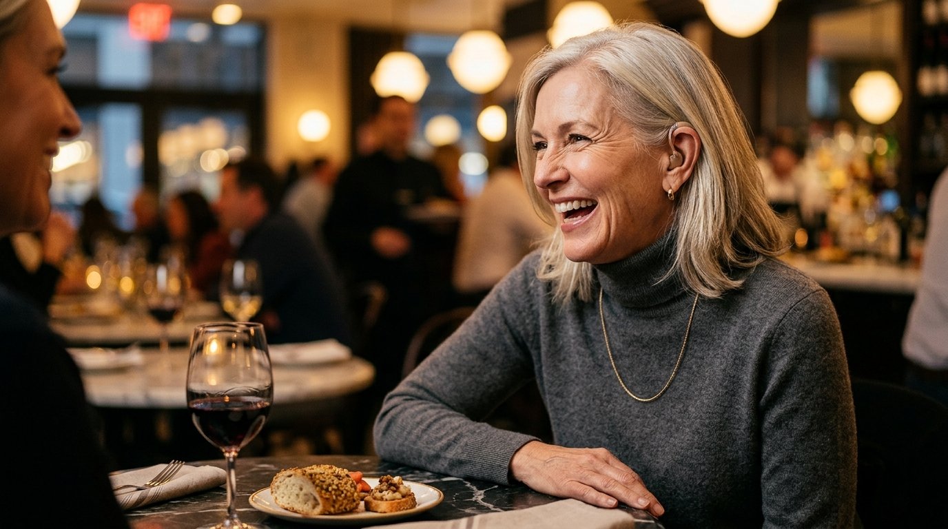 Mature woman in her early 60s laughing across a marble bistro table in a warm Chicago restaurant, wearing a barely-visible champagne-colored receiver-in-canal hearing aid behind her ear
