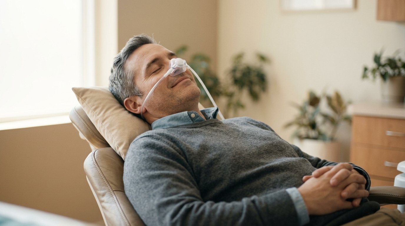 Relaxed man reclined in a dental chair wearing a nitrous oxide nose mask