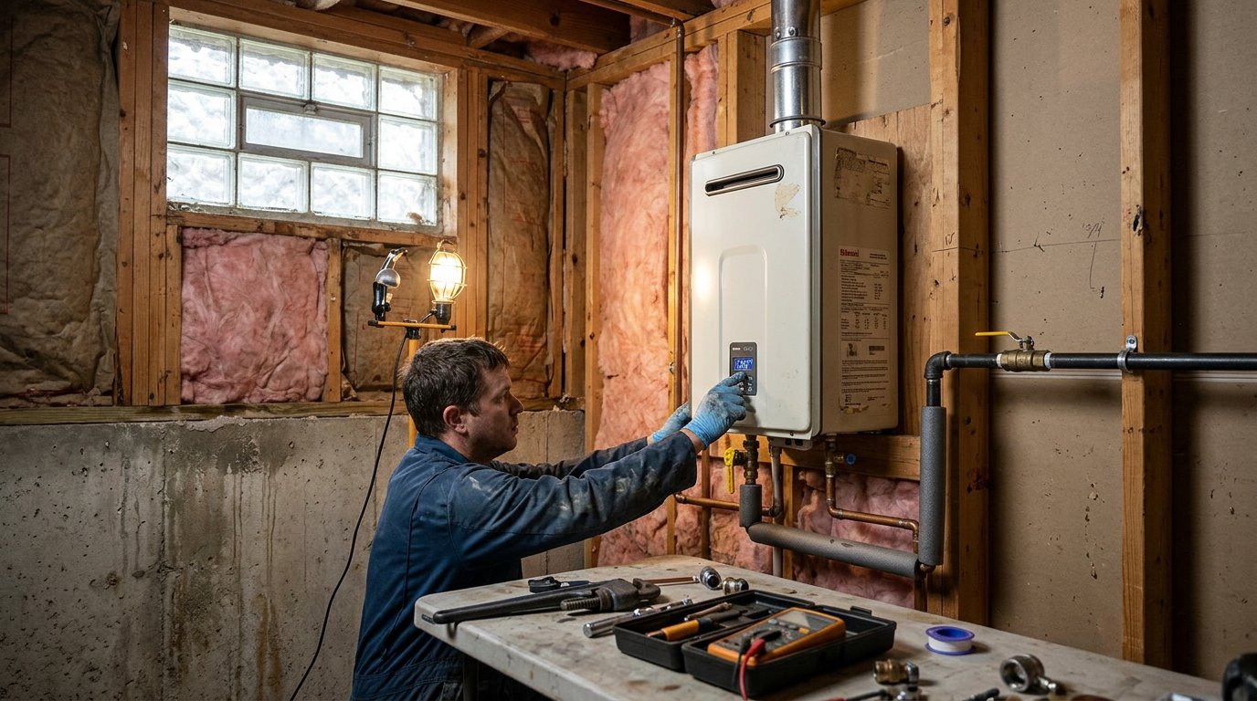 Wall-mounted gas tankless water heater being commissioned during install in a Knoxville home utility room