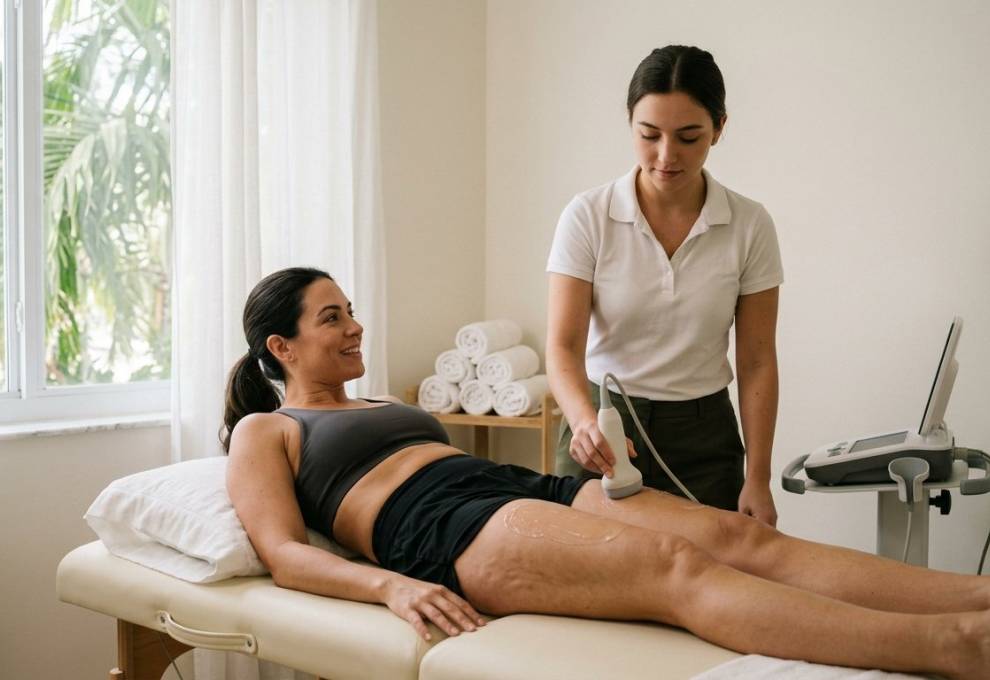 Technician performing an ultrasonic cavitation body contouring session on a client in a Miami studio