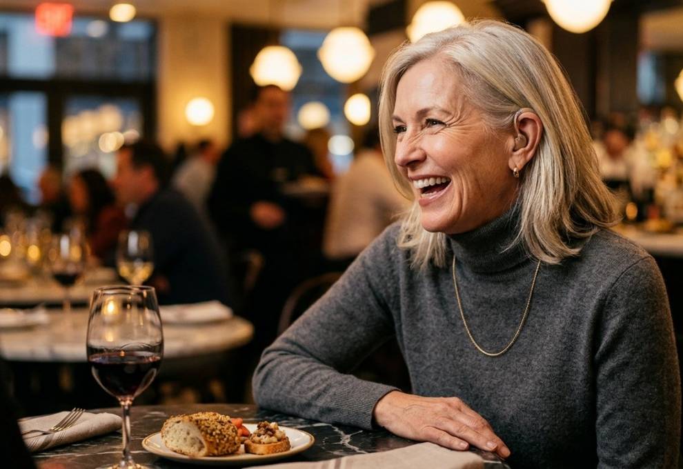 Mature woman in her early 60s laughing across a marble bistro table in a warm Chicago restaurant, wearing a barely-visible champagne-colored receiver-in-canal hearing aid behind her ear