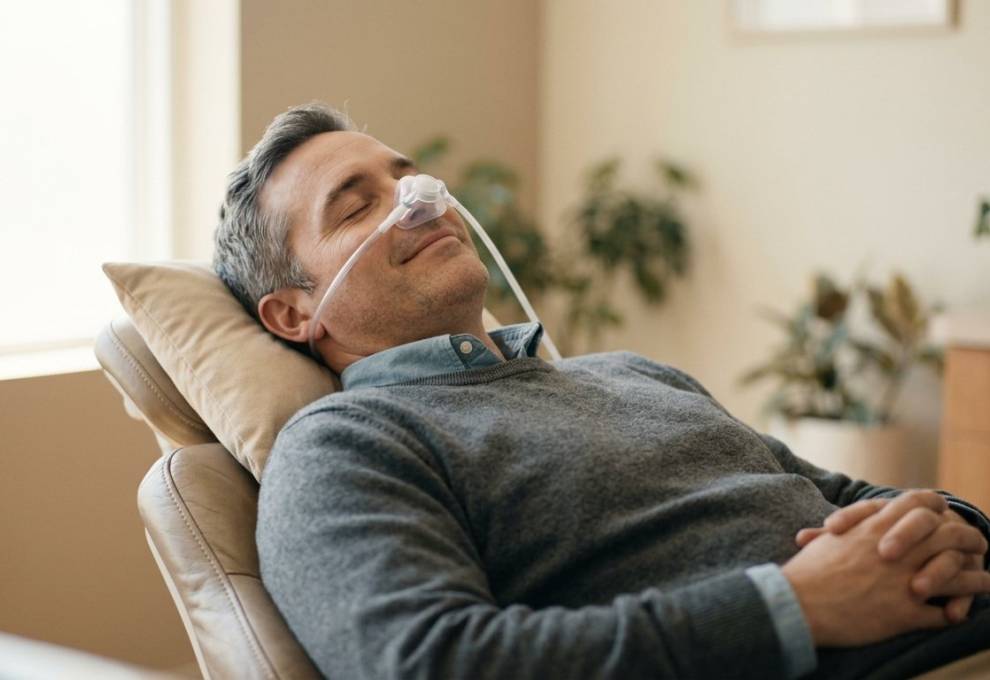 Relaxed man reclined in a dental chair wearing a nitrous oxide nose mask