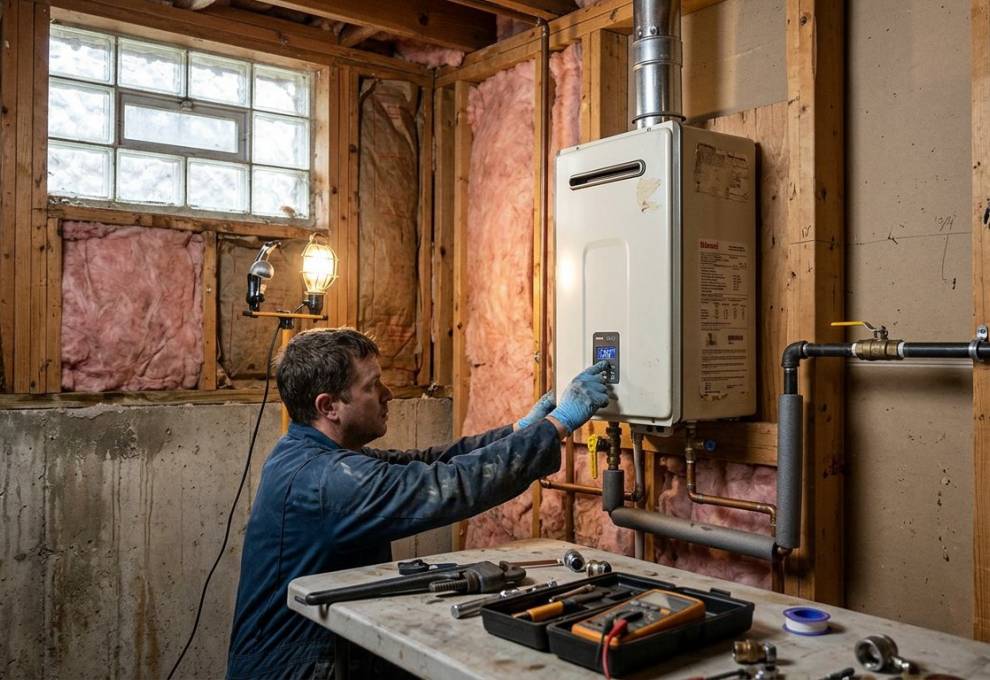 Wall-mounted gas tankless water heater being commissioned during install in a Knoxville home utility room