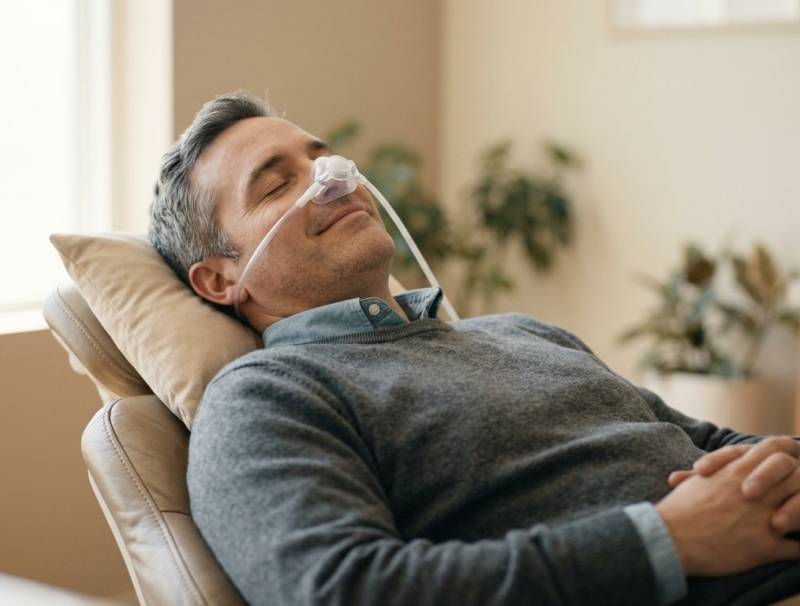 Relaxed man reclined in a dental chair wearing a nitrous oxide nose mask
