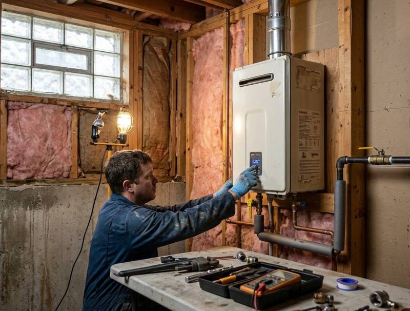 Wall-mounted gas tankless water heater being commissioned during install in a Knoxville home utility room