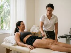 Technician performing an ultrasonic cavitation body contouring session on a client in a Miami studio