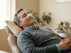 Relaxed man reclined in a dental chair wearing a nitrous oxide nose mask